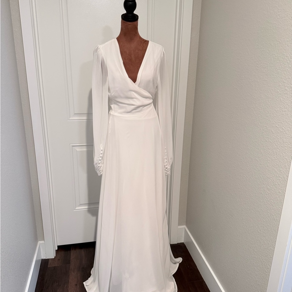 Lulus White Long Sleeve Wrap Maxi Dress – Bridal Wedding Elopement Gown Size L - Picture 11 of 14